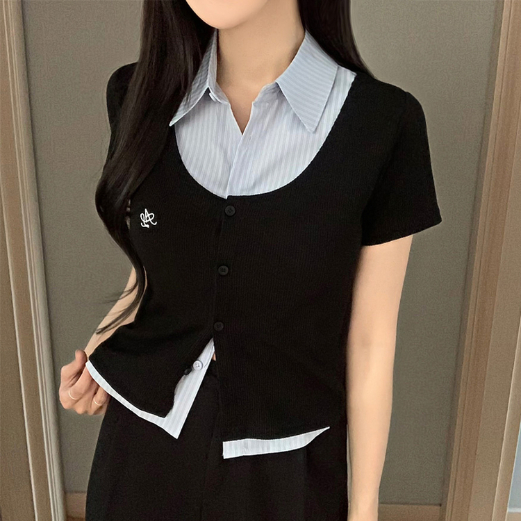 シャツレイヤード刺繍半袖カーディガン BLACK