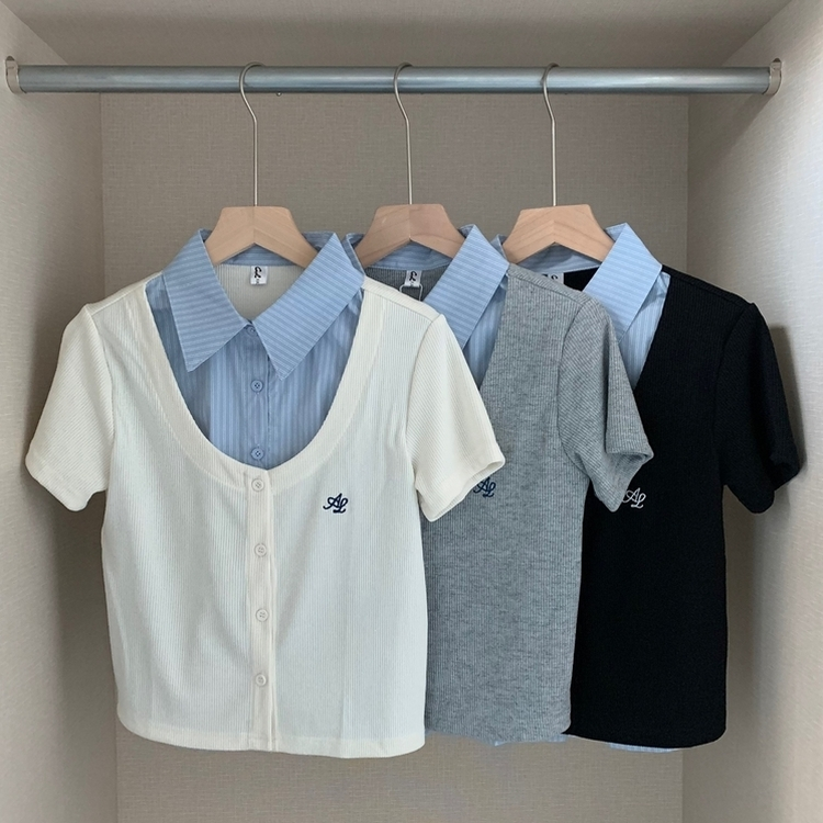 シャツレイヤード刺繍半袖カーディガン