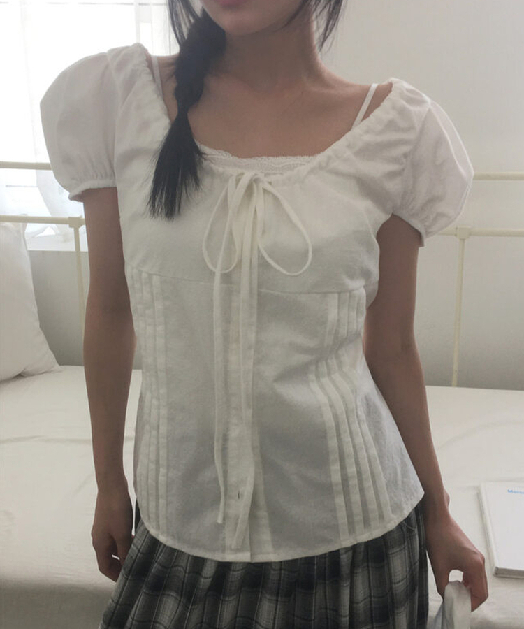 ピンタックリボンボタンブラウス IVORY