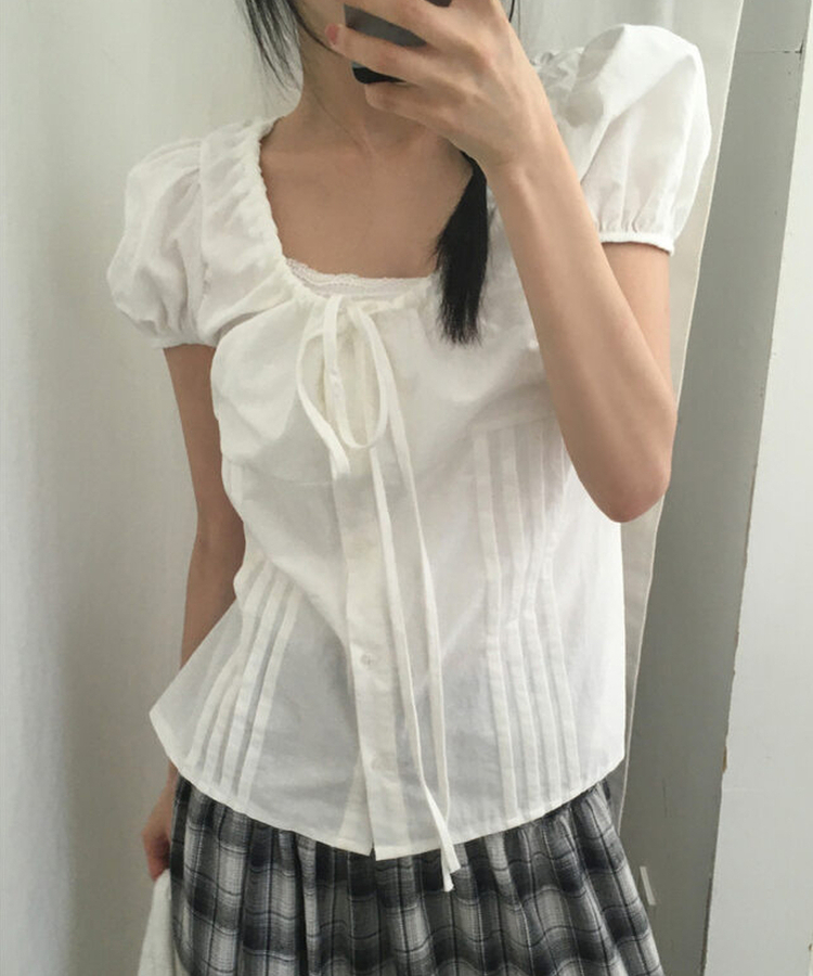 ブラウス ピンタックリボンボタンブラウス IVORY