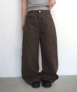 コットンパンツ 【丈別】サイドピンタックワイドコットンパンツ BROWN