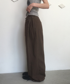 コットンパンツ 【丈別】サイドピンタックワイドコットンパンツ BROWN