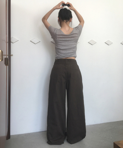 コットンパンツ 【丈別】サイドピンタックワイドコットンパンツ BROWN