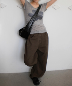 コットンパンツ 【丈別】サイドピンタックワイドコットンパンツ BROWN