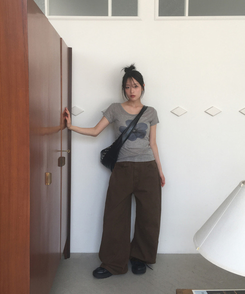 コットンパンツ 【丈別】サイドピンタックワイドコットンパンツ BROWN