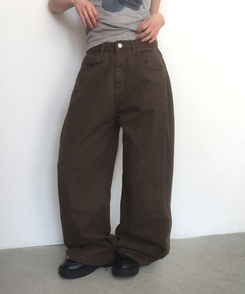 コットンパンツ 【丈別】サイドピンタックワイドコットンパンツ BROWN