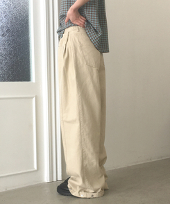コットンパンツ 【丈別】サイドピンタックワイドコットンパンツ BEIGE