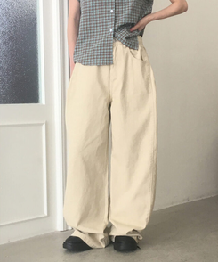 コットンパンツ 【丈別】サイドピンタックワイドコットンパンツ BEIGE