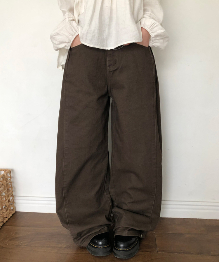 【丈別】サイドピンタックワイドコットンパンツ BROWN