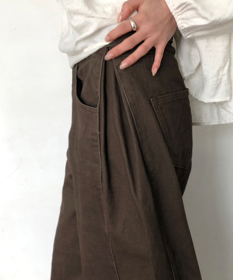 【丈別】サイドピンタックワイドコットンパンツ BROWN