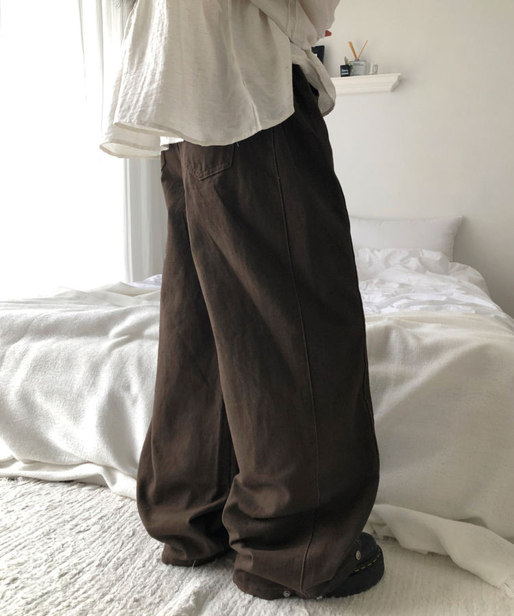 【丈別】サイドピンタックワイドコットンパンツ BROWN
