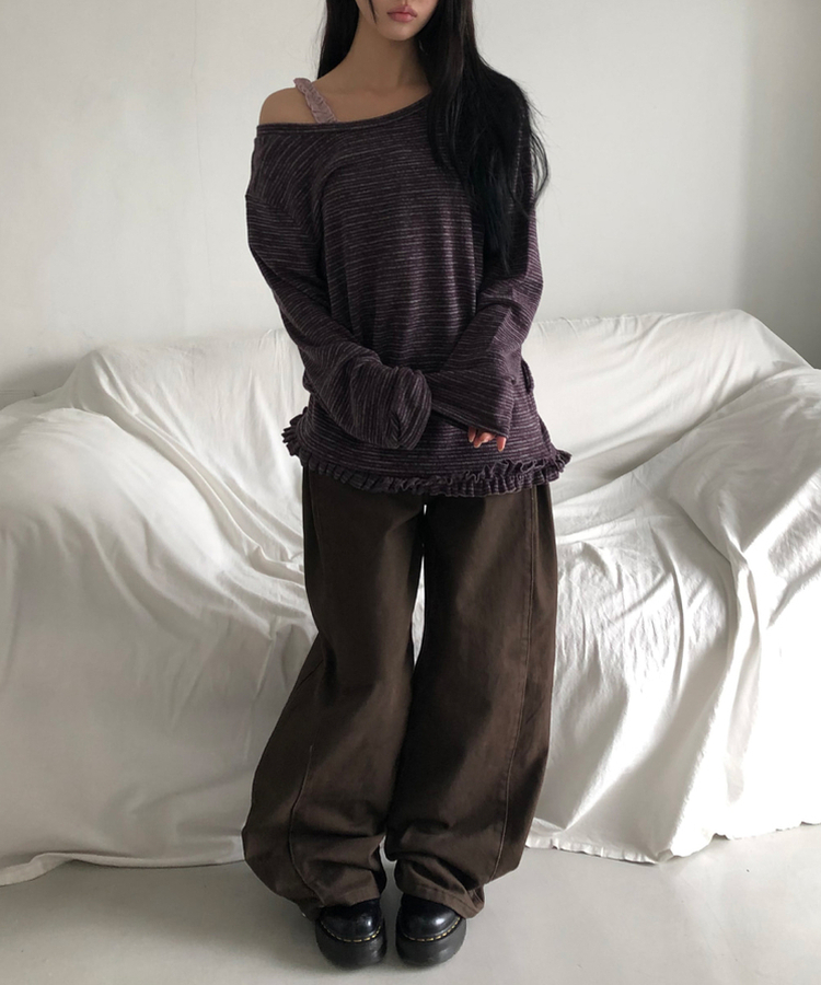 【丈別】サイドピンタックワイドコットンパンツ BROWN