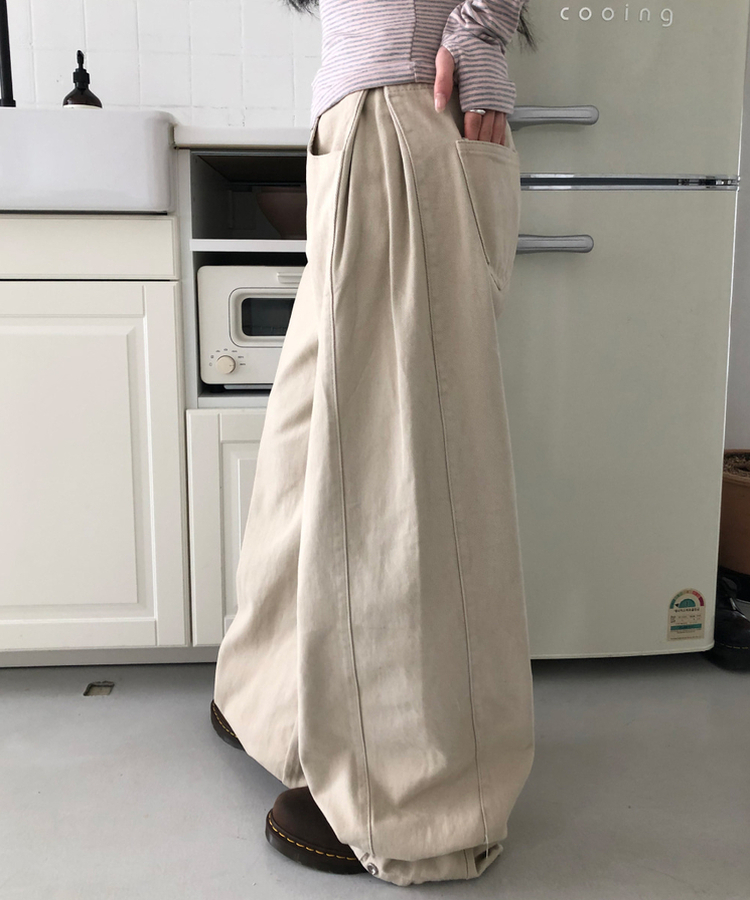 【丈別】サイドピンタックワイドコットンパンツ BEIGE