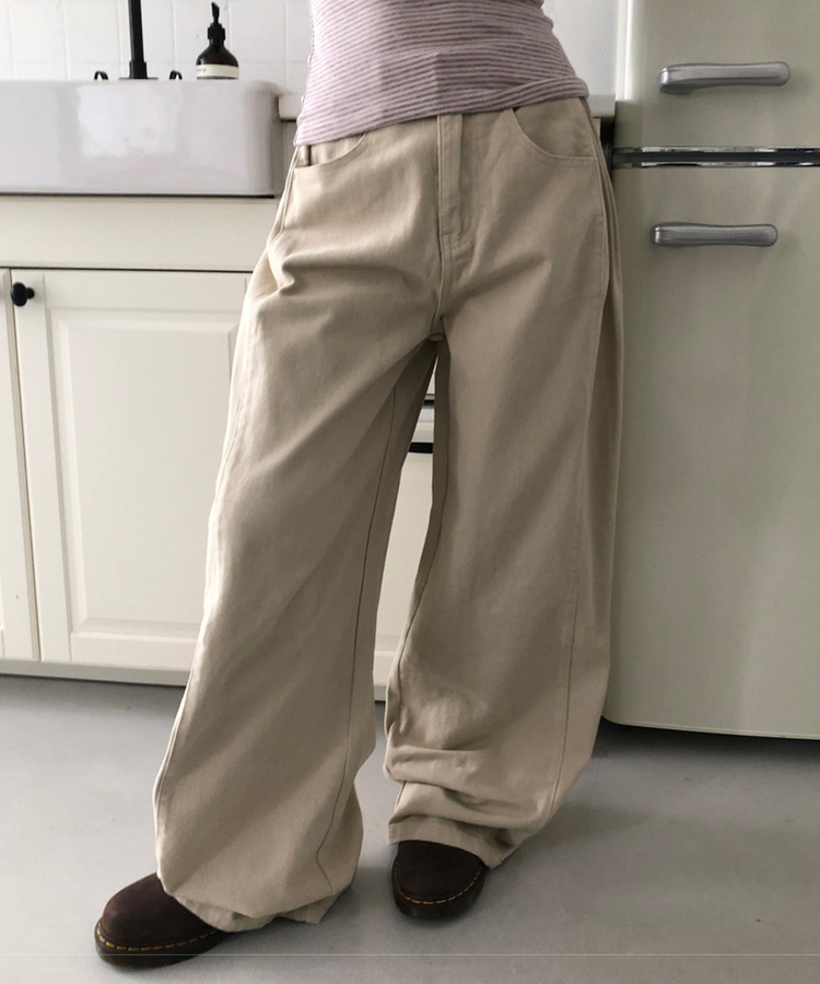 【丈別】サイドピンタックワイドコットンパンツ BEIGE