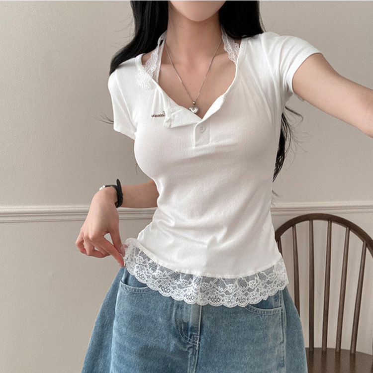 쥬시 레이스 홀터 실퍼 패치 프릴 반팔 티셔츠 화이트