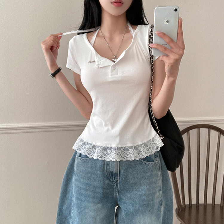 쥬시 레이스 홀터 실퍼 패치 프릴 반팔 티셔츠 화이트