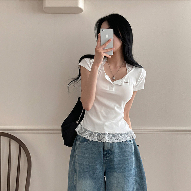쥬시 레이스 홀터 실퍼 패치 프릴 반팔 티셔츠 화이트