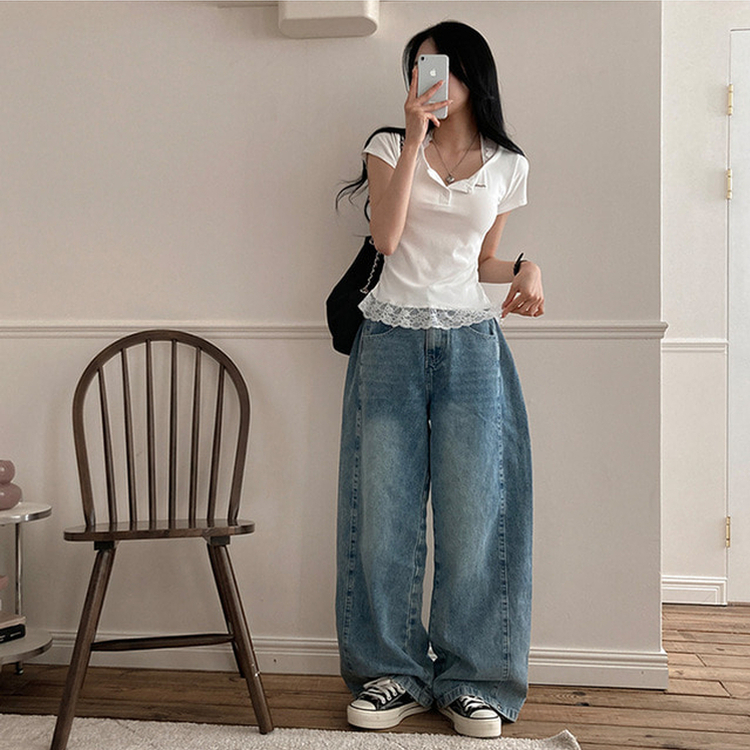 쥬시 레이스 홀터 실퍼 패치 프릴 반팔 티셔츠 화이트