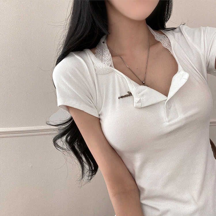 쥬시 레이스 홀터 실퍼 패치 프릴 반팔 티셔츠 화이트