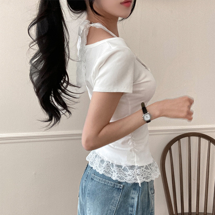 쥬시 레이스 홀터 실퍼 패치 프릴 반팔 티셔츠 화이트