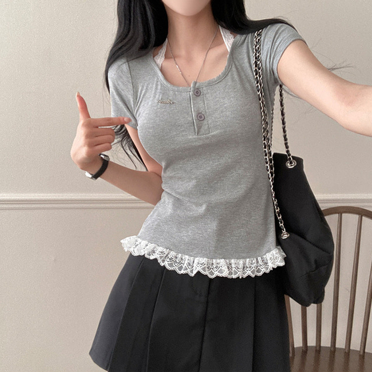 쥬시 레이스 홀터 실퍼 패치 프릴 반팔 티셔츠 그레이