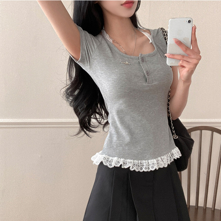 쥬시 레이스 홀터 실퍼 패치 프릴 반팔 티셔츠 그레이