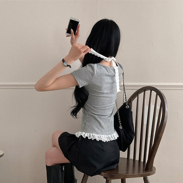 쥬시 레이스 홀터 실퍼 패치 프릴 반팔 티셔츠 그레이