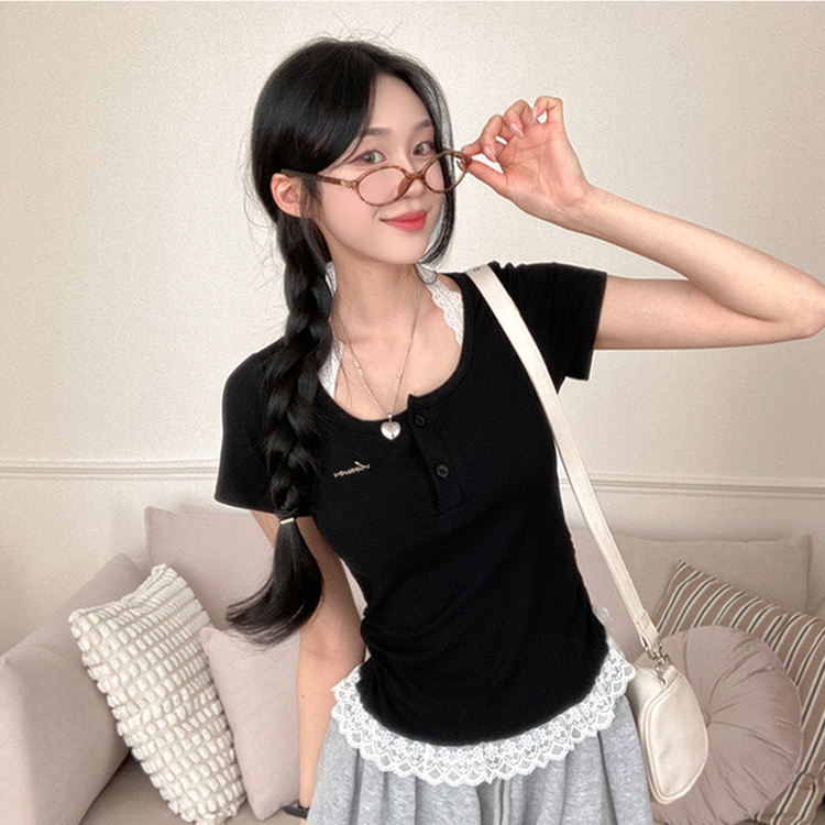 쥬시 레이스 홀터 실퍼 패치 프릴 반팔 티셔츠 블랙