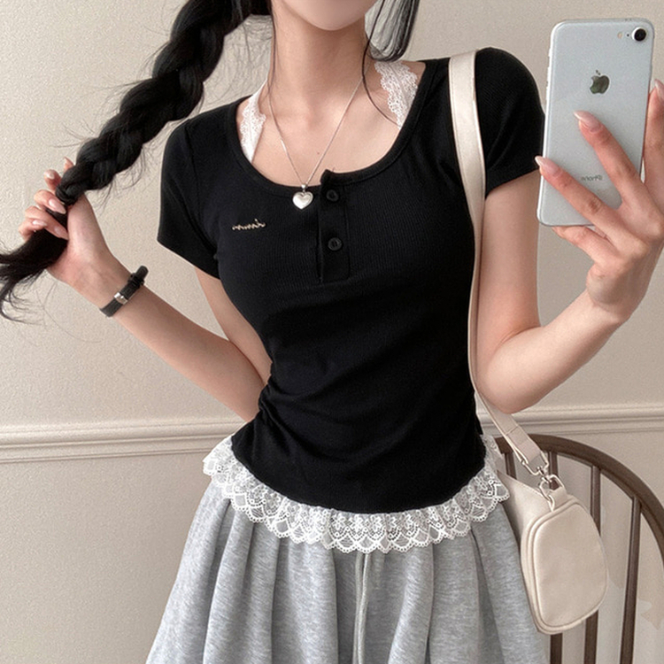 쥬시 레이스 홀터 실퍼 패치 프릴 반팔 티셔츠 블랙