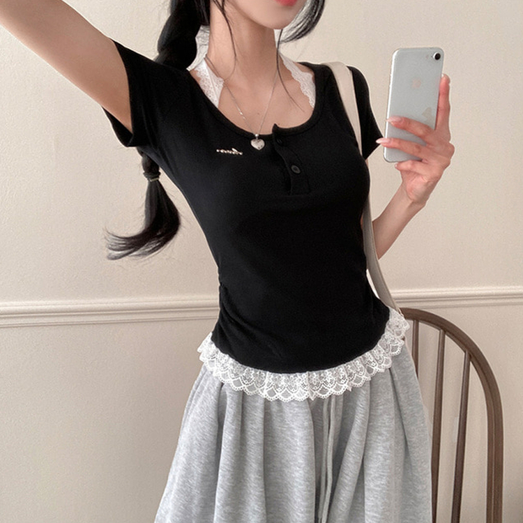 쥬시 레이스 홀터 실퍼 패치 프릴 반팔 티셔츠 블랙