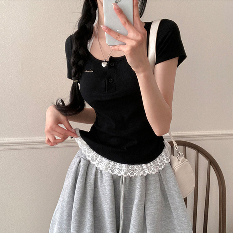 쥬시 레이스 홀터 실퍼 패치 프릴 반팔 티셔츠 블랙