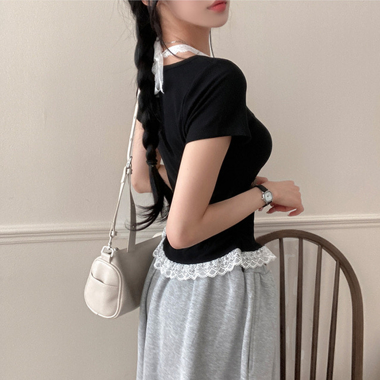 쥬시 레이스 홀터 실퍼 패치 프릴 반팔 티셔츠 블랙