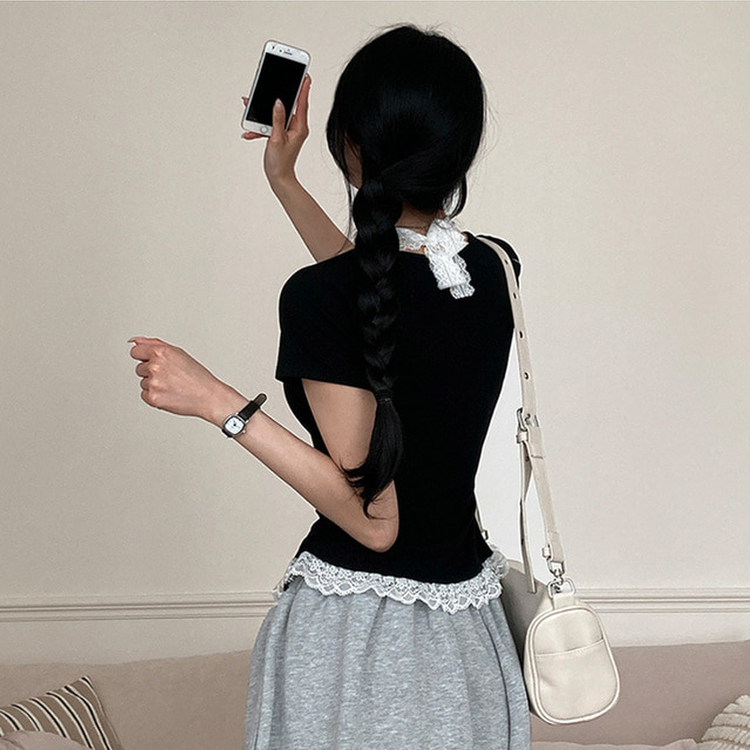 쥬시 레이스 홀터 실퍼 패치 프릴 반팔 티셔츠 블랙