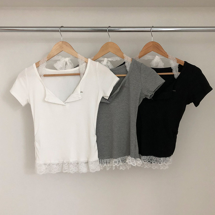 쥬시 레이스 홀터 실퍼 패치 프릴 반팔 티셔츠