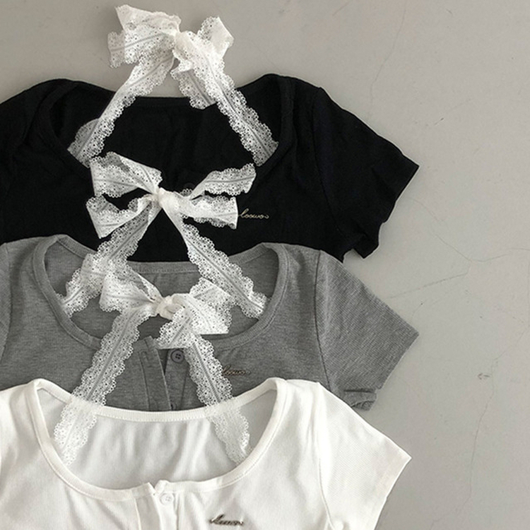 쥬시 레이스 홀터 실퍼 패치 프릴 반팔 티셔츠