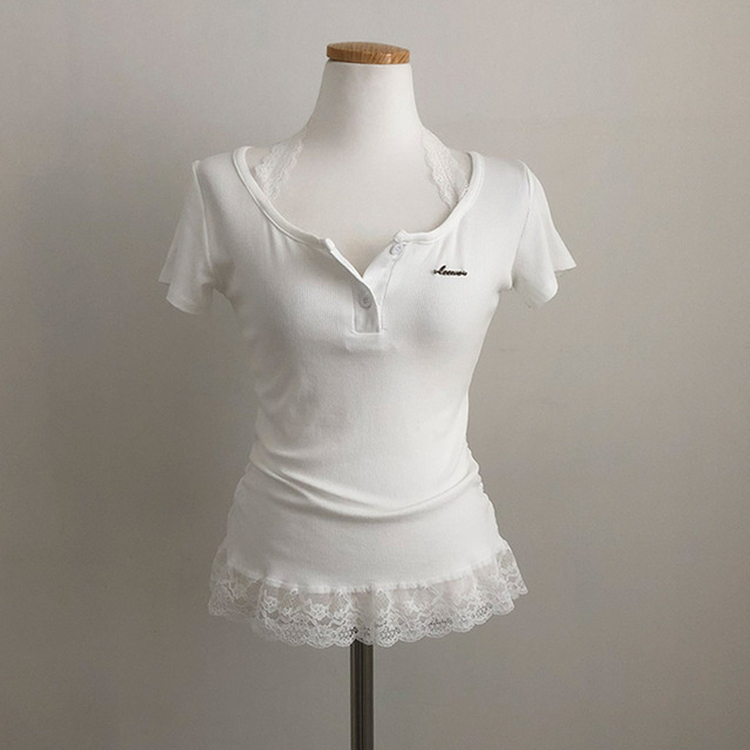 쥬시 레이스 홀터 실퍼 패치 프릴 반팔 티셔츠