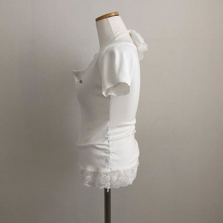 쥬시 레이스 홀터 실퍼 패치 프릴 반팔 티셔츠