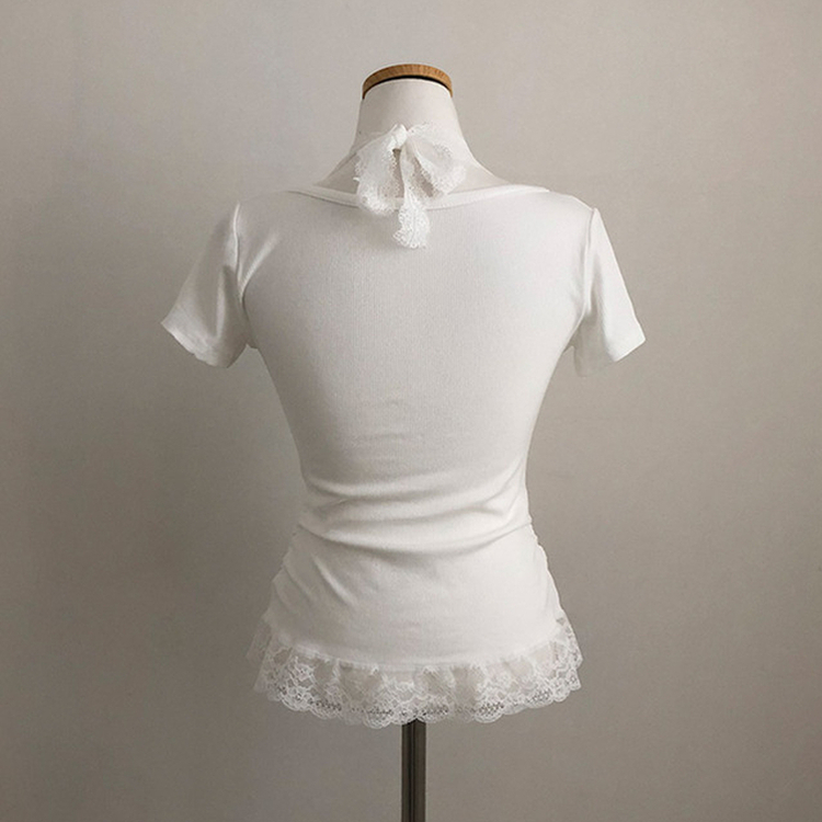 쥬시 레이스 홀터 실퍼 패치 프릴 반팔 티셔츠