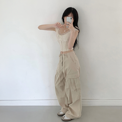ストリングツーピンタックワイドカーゴパンツ LIGHT BEIGE