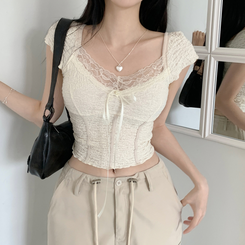 半袖Tシャツ リボンスリムクロップ半袖ブラウス IVORY
