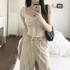 半袖Tシャツ リボンスリムクロップ半袖ブラウス IVORY