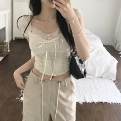半袖Tシャツ リボンスリムクロップ半袖ブラウス IVORY