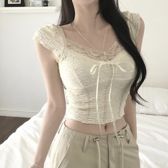 半袖Tシャツ リボンスリムクロップ半袖ブラウス IVORY