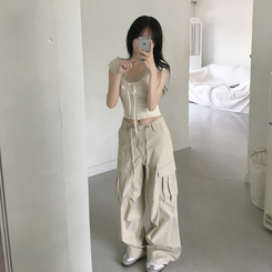 半袖Tシャツ リボンスリムクロップ半袖ブラウス IVORY