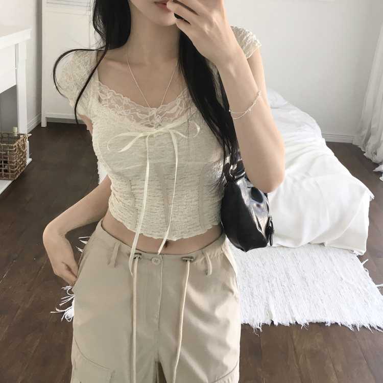 リボンスリムクロップ半袖ブラウス IVORY