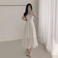 ロングワンピース フラワー半袖パフロングワンピース IVORY