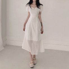 ロングワンピース フラワー半袖パフロングワンピース IVORY
