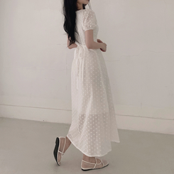 ロングワンピース フラワー半袖パフロングワンピース IVORY