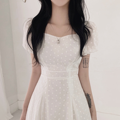 ロングワンピース フラワー半袖パフロングワンピース IVORY