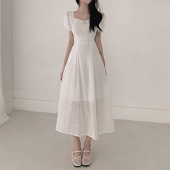 ロングワンピース フラワー半袖パフロングワンピース IVORY